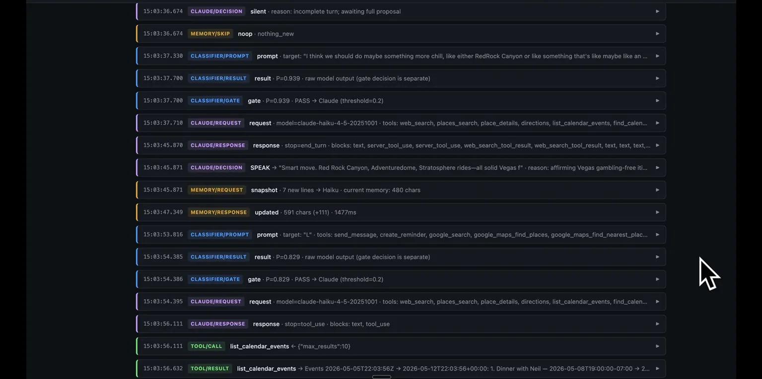 A log of classifier prompts, gate decisions, Claude requests and responses, and memory updates, one line per event with timestamps.